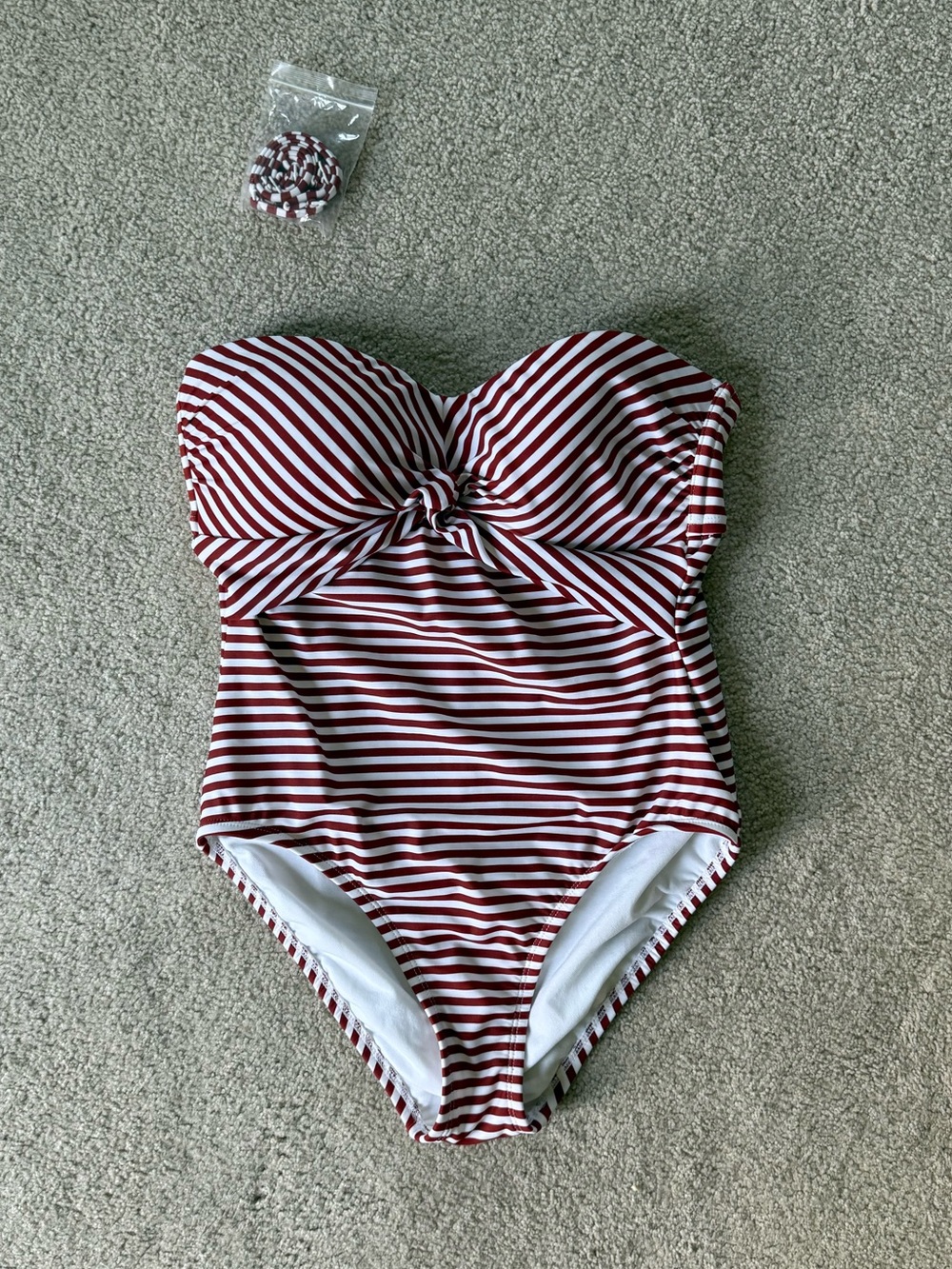 Kona Sol Strapless Swimsuit Striped Dark Red & White One-Piece M Removable Strap